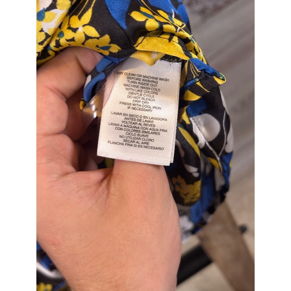 Kasper Women XL Blue Yellow Floral Pleated Cap Sleeve Blouse Top Keyhole Back - Picture 6 of 9